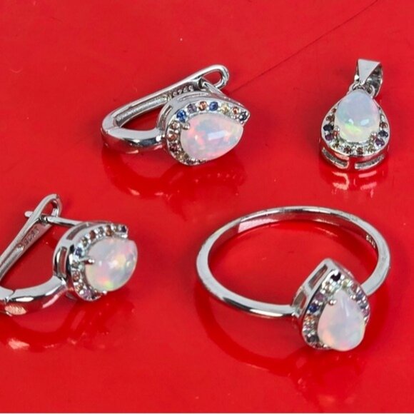 925 Sterling Silver Jewelry Set with Natural White Opal & Multicolor Sapphire - Picture 4 of 12